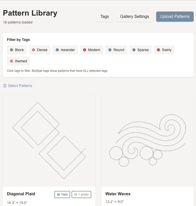 Pattern Library preview showing a grid of quilting patterns